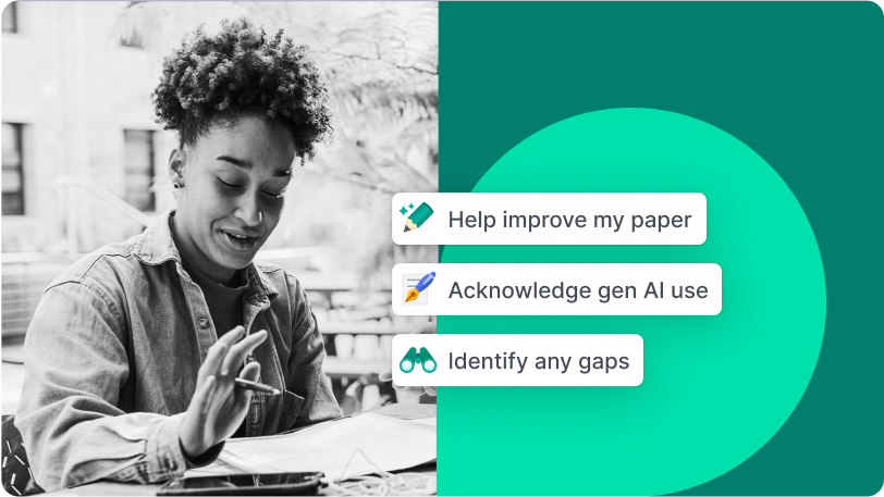 A person writes on a piece of paper beside images of Grammarly's UI