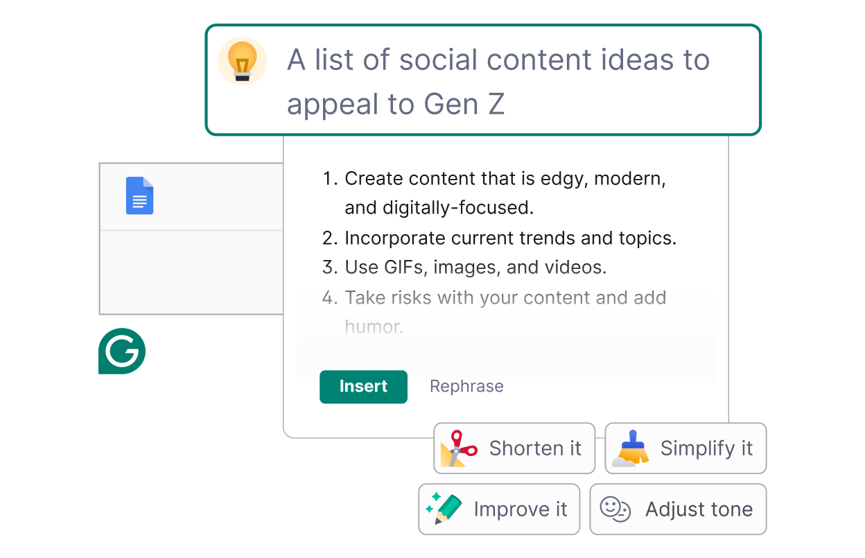 Grammarly suggests a list of social content ideas to appeal to Gen Z.