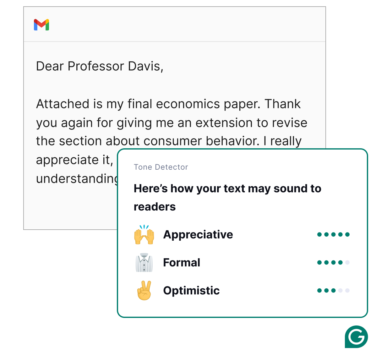 Grammarly detects your tone in an email to your professor. 