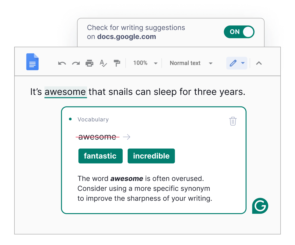 Grammarly offers suggestions to improve your text in Google Docs