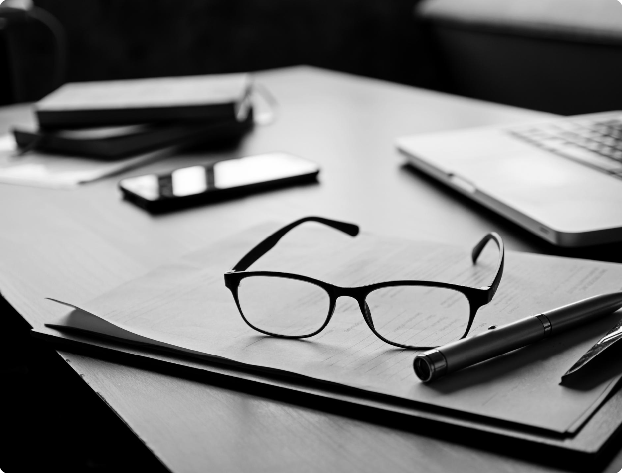 A pair of glasses sits beside a pile of paper and pens. 