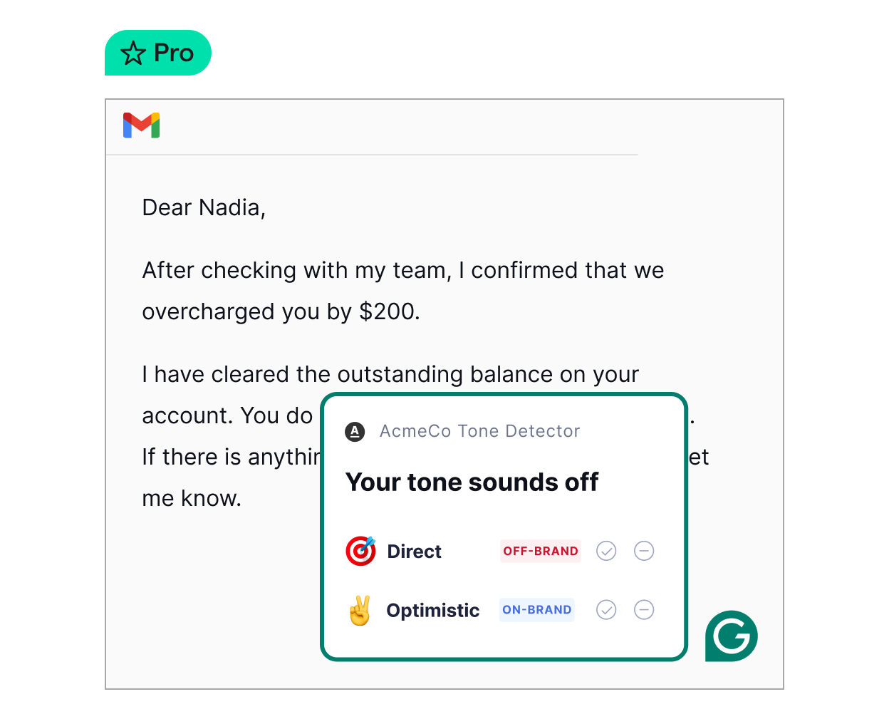 Email in Gmail with text written and Grammarly providing a tone suggestion for AcmeCo