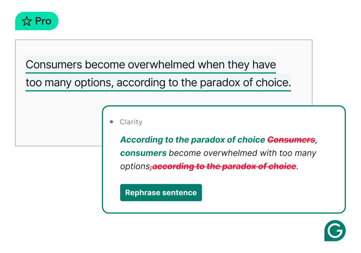 Grammarly provides suggestions on how to effectively rephrase text