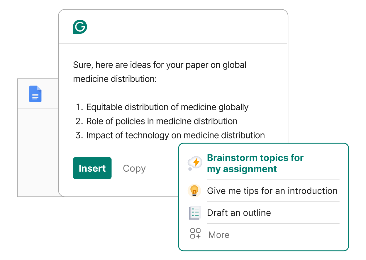 Grammarly product example shows brainstorming topics for your assignment