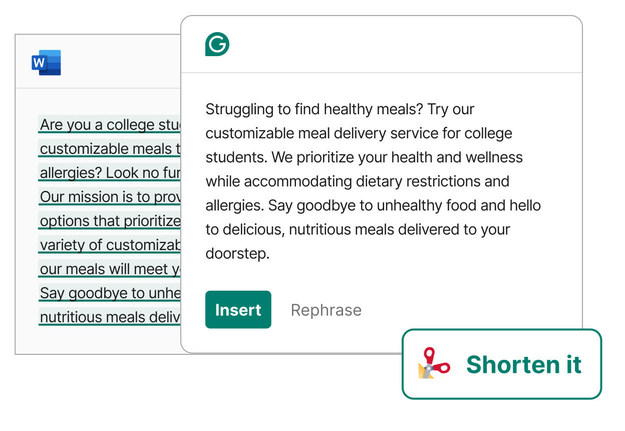 A Grammarly user using paraphrasing functionality to shorten a Word Doc