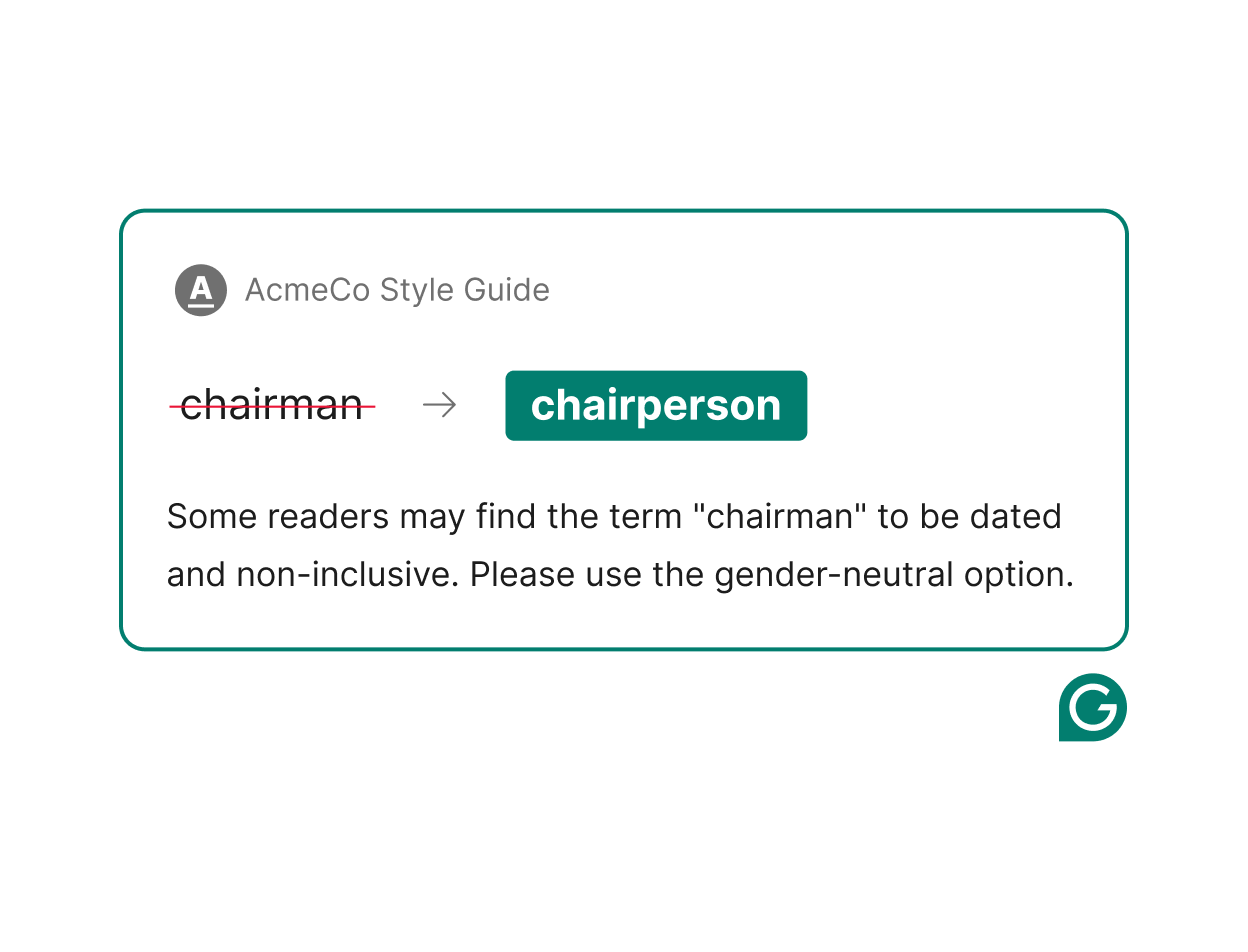 Grammarly's style guide encouraging inclusion by changing "chairman" to "chairperson".