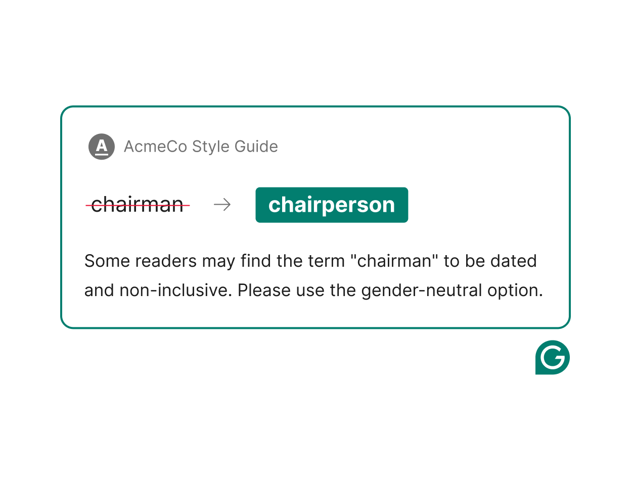 Grammarly's style guide encouraging inclusion by changing "chairman" to "chairperson". 